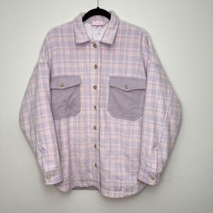 Pink Lily Plaid Shacket Corduroy Pockets‎ Button Down Long Sleeve Shirt Large